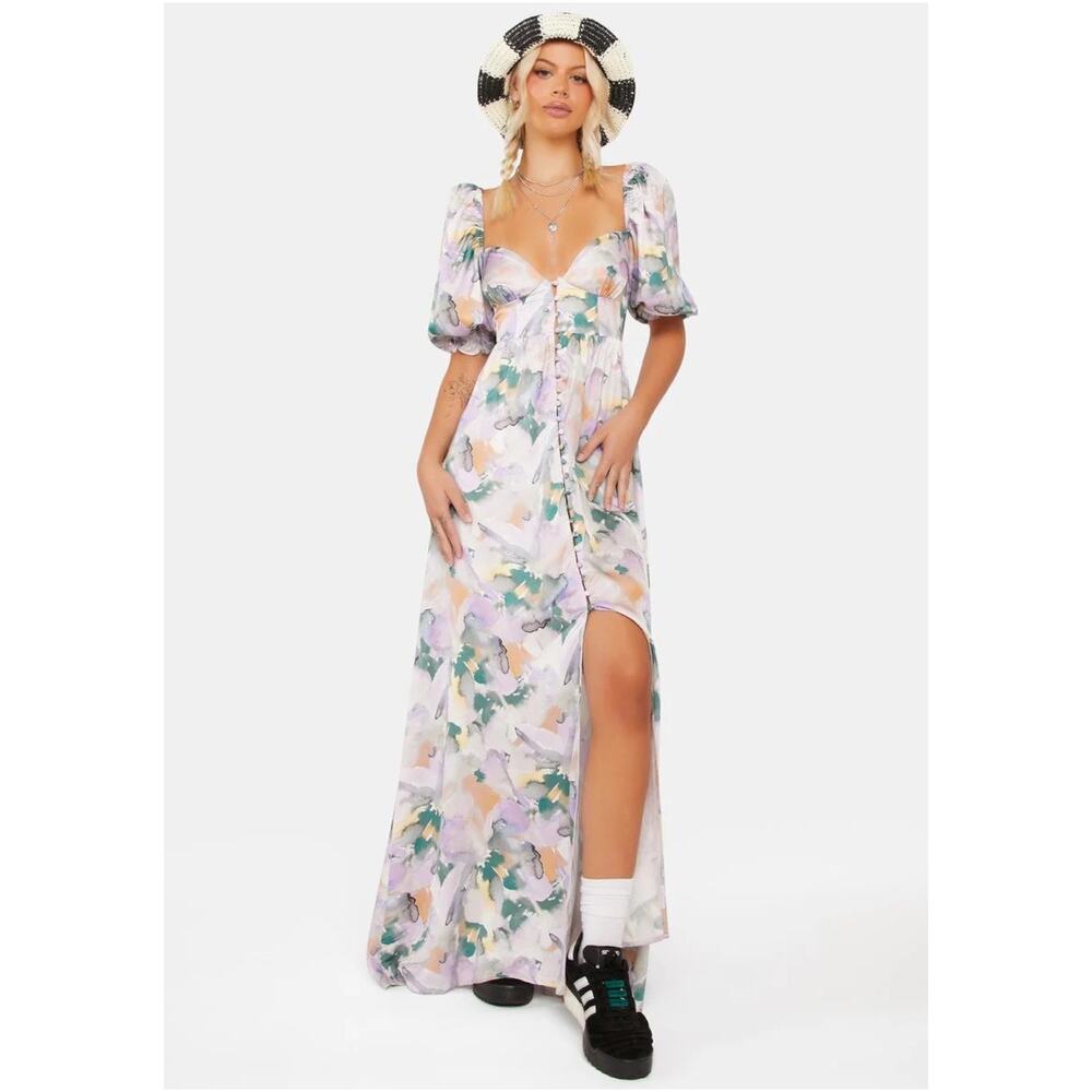 For Love & Lemons Megan Floral Maxi Dress Puff Sleeve Water Color Purple, Size M